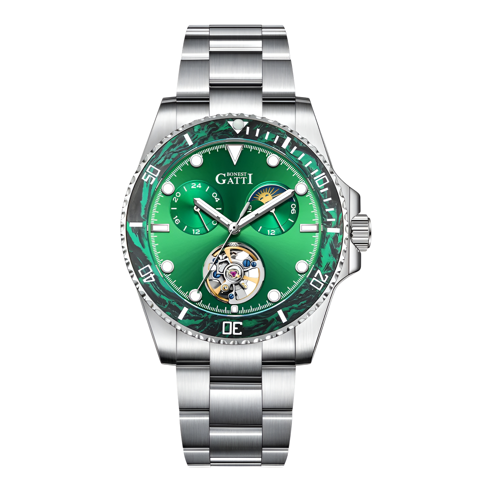 Bonest Gatti BG8003 Automatic Skeleton Watch green dial open-heart movement steel strap