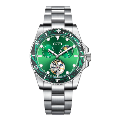 Bonest Gatti BG8003 Automatic Skeleton Watch green dial open-heart movement steel strap
