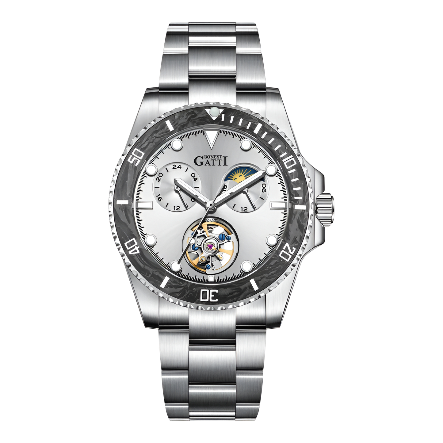 Men’s automatic skeleton watch BG8003 silver dial sapphire crystal stainless-steel bracelet