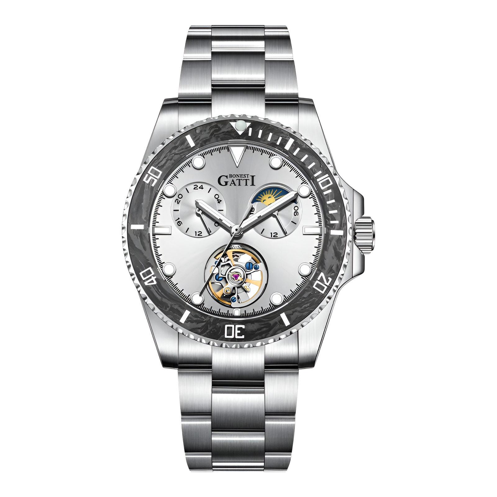Men’s automatic skeleton watch BG8003 silver dial sapphire crystal stainless-steel bracelet