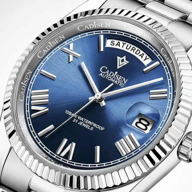 CADISEN 8185 - Automatic - Dial close-up, fluted bezel
