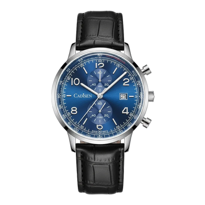 CADISEN C7065 - Men Quart - front view, blue dial, black leather