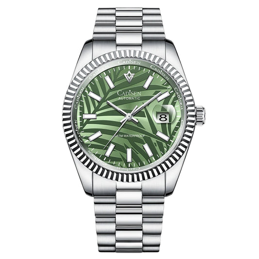 CADISEN C8198M Men's Automatic Watch with olive palm leaf dial and fluted bezel