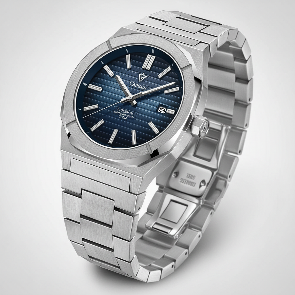 CADISEN C8200 - Blue dial, angled view, steel bracelet