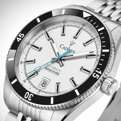CADISEN C8237 - Automatic - dial close-up, bezel detail, white face