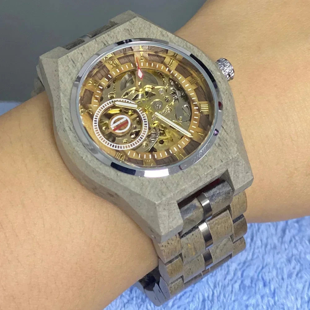 CHENXI wooden automatic mechanical watch worn on wrist showing skeleton movement
