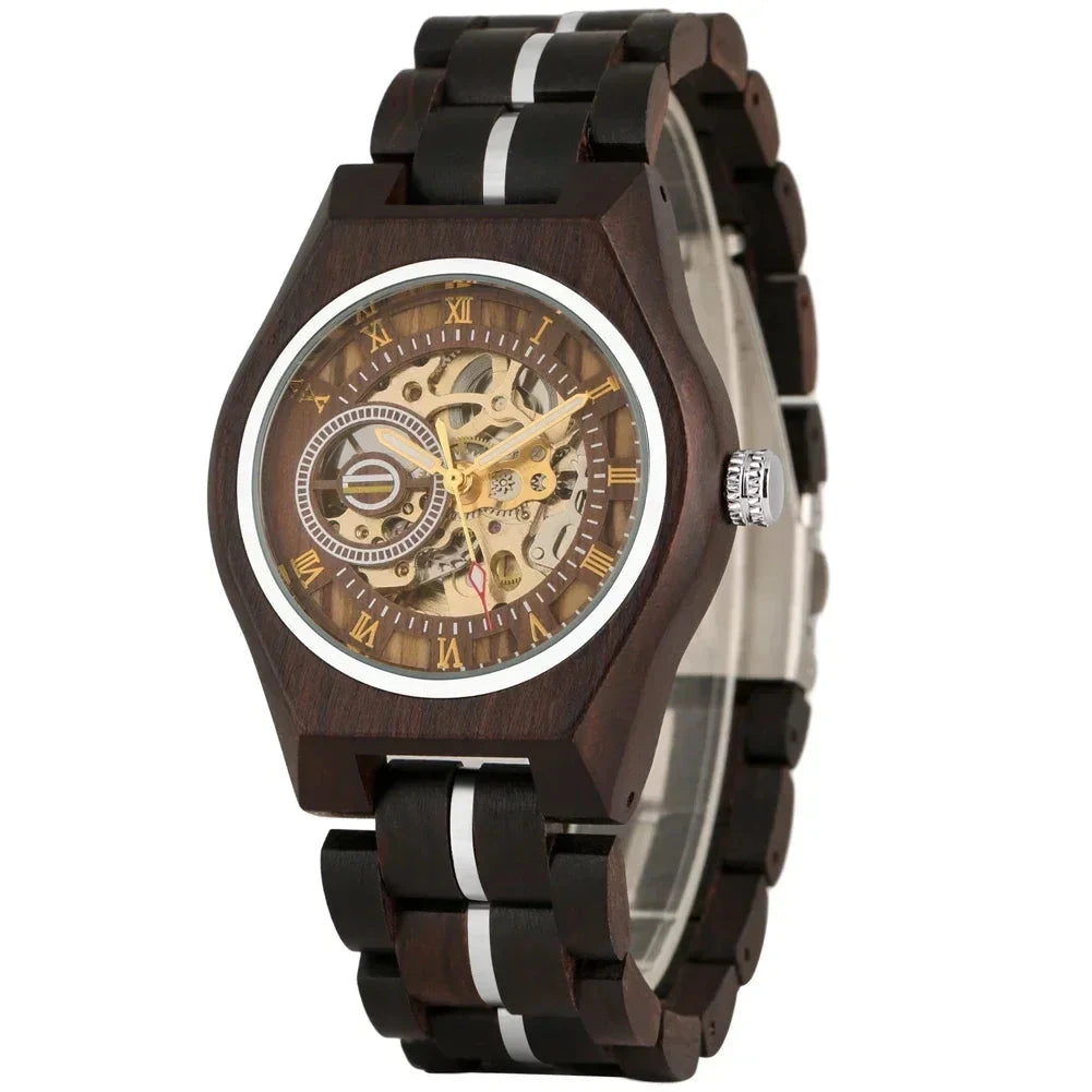 CHENXI W581703 automatic mechanical watch in red sandalwood with Roman numeral skeleton dial