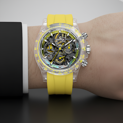 CRONUSART CM021-001 - Men's Automatic Mechanical Wrist wearing a yellow watch with a clear case on a dark background