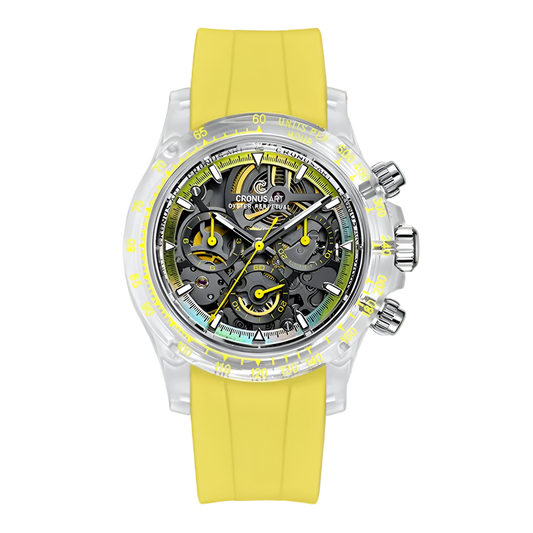 CRONUSART CM021-001 - Men's Automatic Mechanical Watch with yellow strap and transparent case on a white background