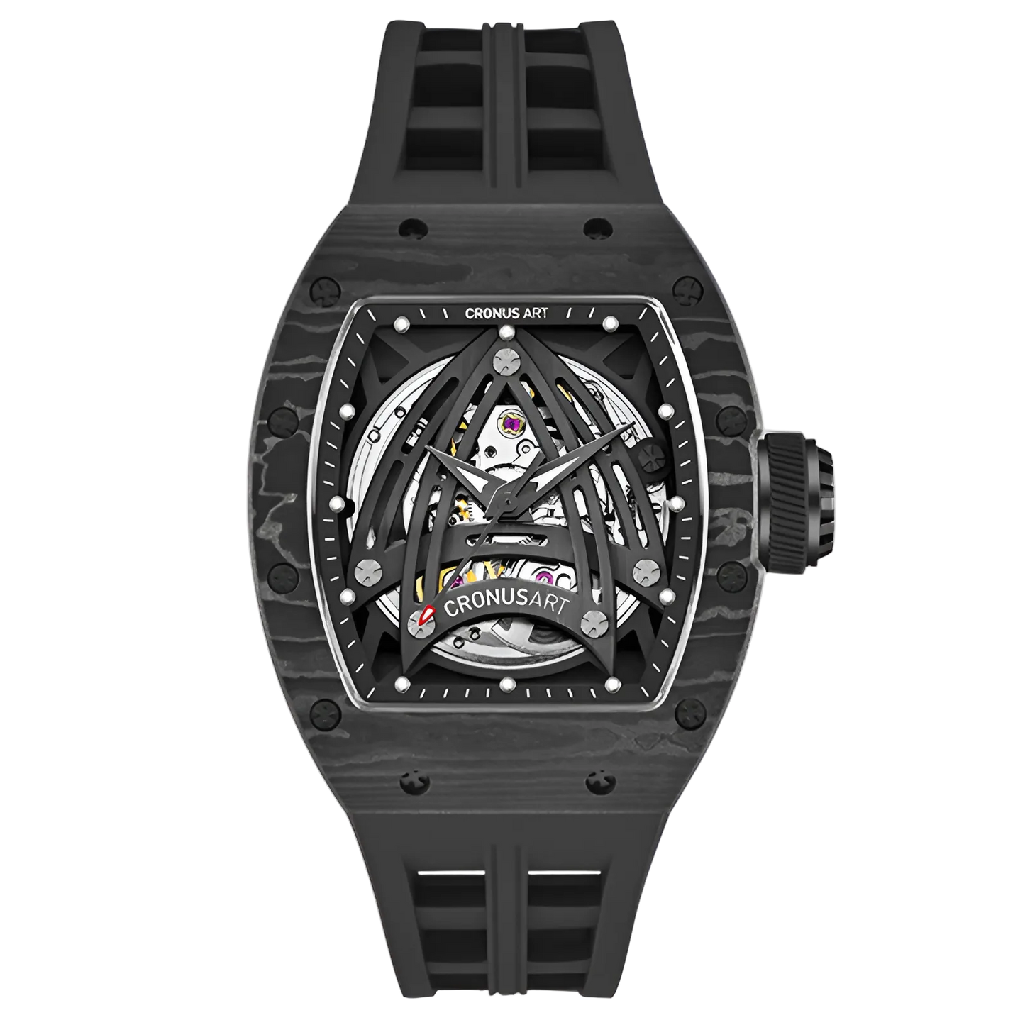 CRONUSART CM002-073 - All-black timepiece featuring a dark forged carbon fiber pattern case and black rubber strap for a stealth luxury look.
