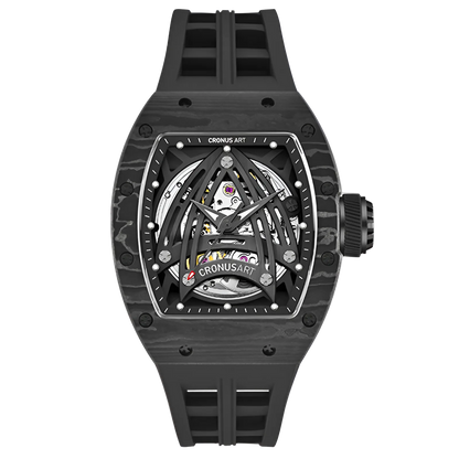 CRONUSART CM002-073 - All-black timepiece featuring a dark forged carbon fiber pattern case and black rubber strap for a stealth luxury look.