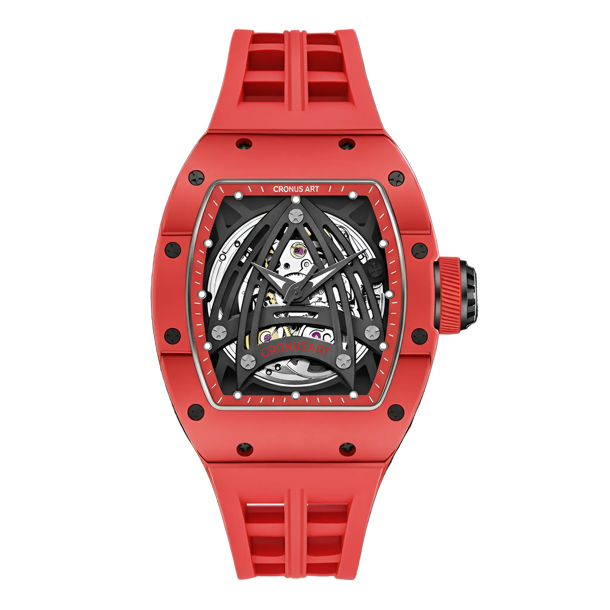 CRONUSART CM002-073 - luxury automatic watch featuring a bold red carbon fiber tonneau case and matching red fluororubber strap with a skeletonized dial