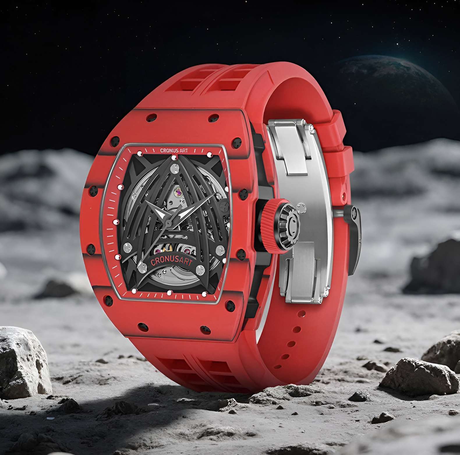 CRONUSART CM002-073 - Artistic concept shot of the skeleton watch resting on a lunar surface with a dark starry space background.
