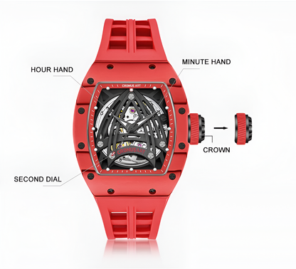Diagram of CRONUSART CM002-073 red watch labeling the hour hand, minute hand, second dial, and crown mechanism.