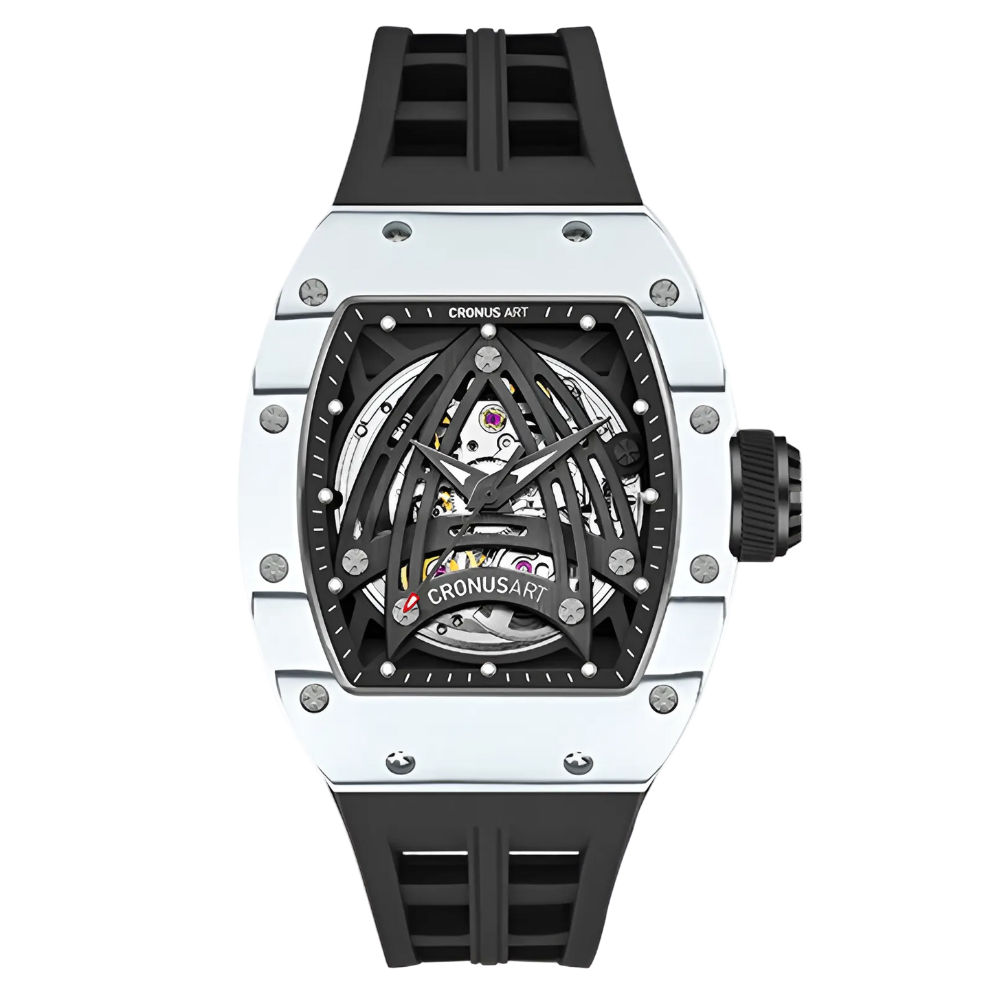 CRONUSART CM002-073 - Men's mechanical watch with a white composite case, black rubber strap, and intricate open-worked skeleton movement.
