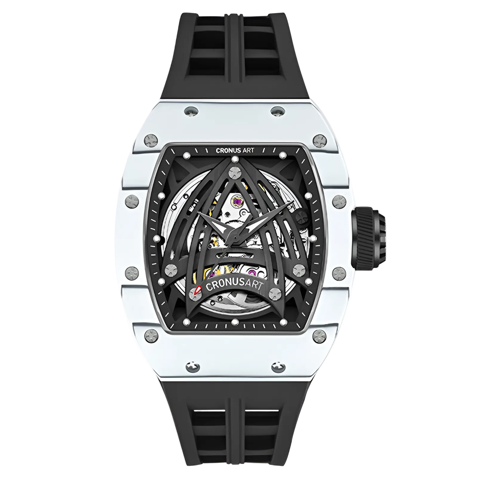 CRONUSART CM002-073 - Men's mechanical watch with a white composite case, black rubber strap, and intricate open-worked skeleton movement.