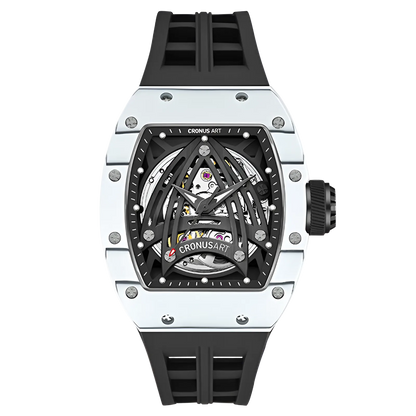 CRONUSART CM002-073 - Men's mechanical watch with a white composite case, black rubber strap, and intricate open-worked skeleton movement.