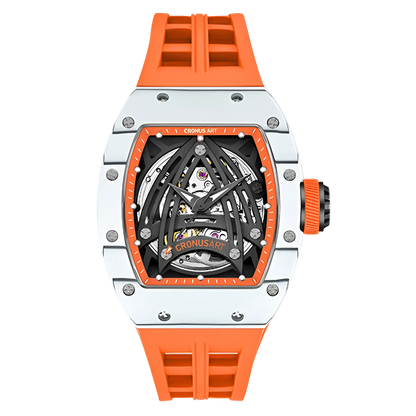 CRONUSART CM002-073 - luxury skeleton watch featuring a white carbon case paired with a vibrant orange high-performance rubber strap.
