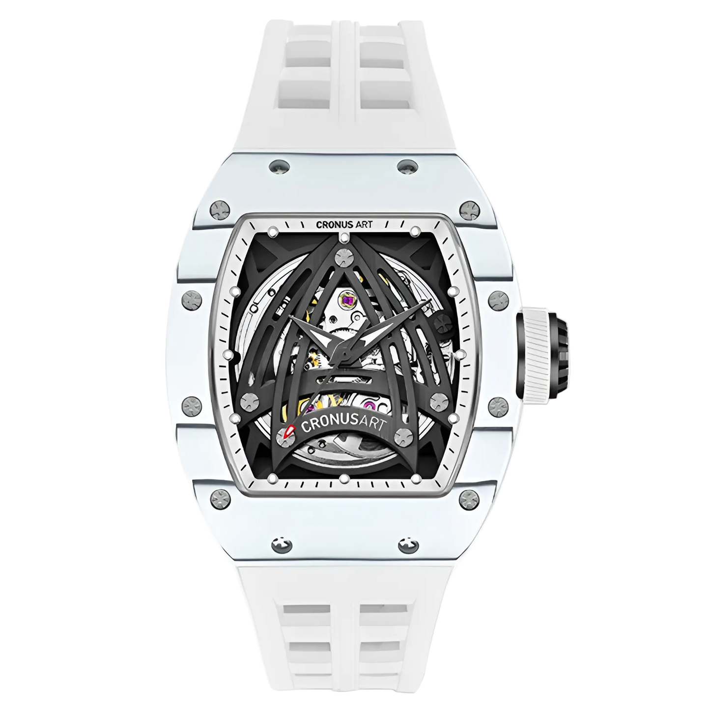 CRONUSART CM002-073 - luxury automatic wristwatch with a white tonneau composite case, matching white fluororubber strap, and intricate black skeleton dial.