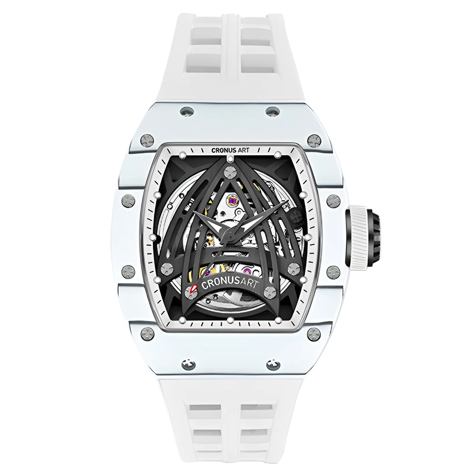 CRONUSART CM002-073 - luxury automatic wristwatch with a white tonneau composite case, matching white fluororubber strap, and intricate black skeleton dial.