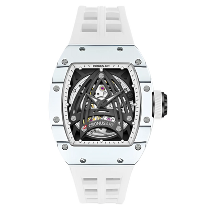 CRONUSART CM002-073 - luxury automatic wristwatch with a white tonneau composite case, matching white fluororubber strap, and intricate black skeleton dial.