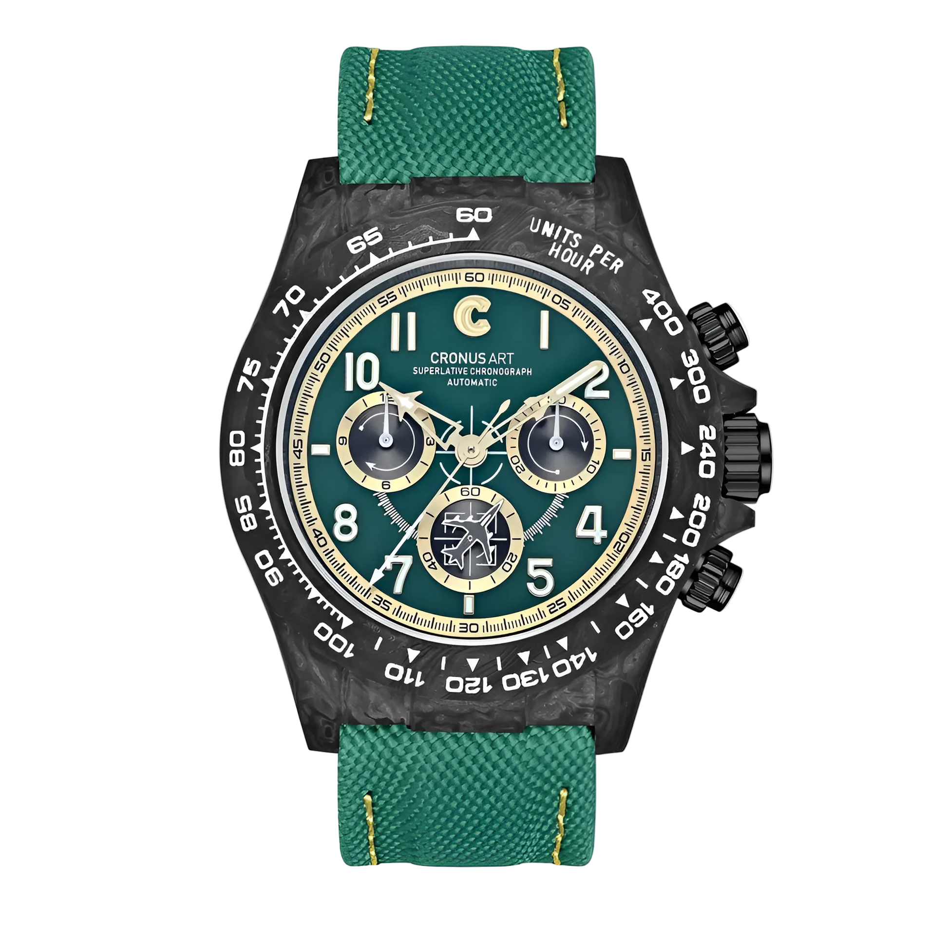 Emerald green CRONUSART CM002 carbon fiber watch with gold sub-dial accents and a matching green strap with gold stitching.
