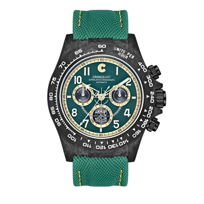 Emerald green CRONUSART CM002 carbon fiber watch with gold sub-dial accents and a matching green strap with gold stitching.