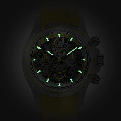 CRONUSART CM021-001 - Men's Automatic Mechanical Black watch with glowing green hands and markers on a dark background