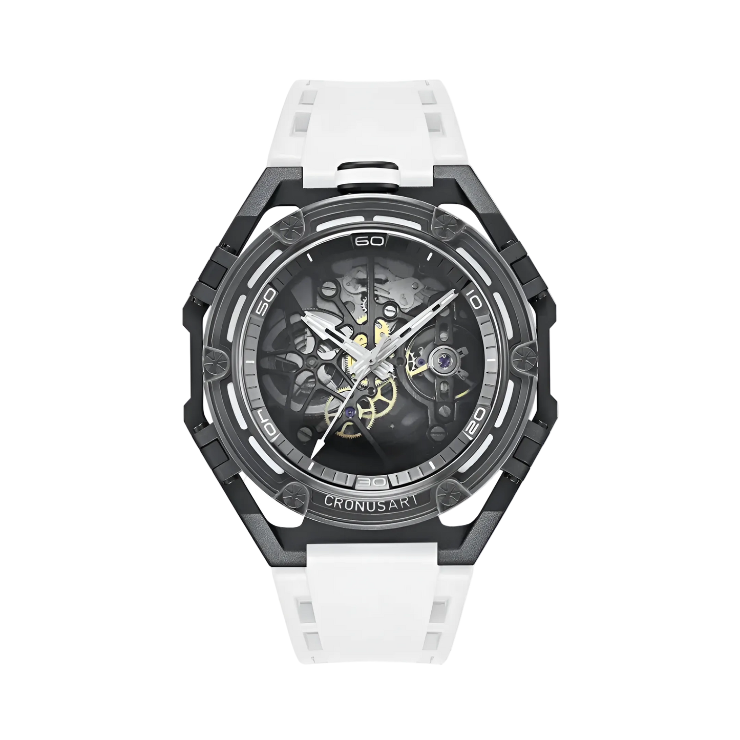 CRONUSART CM025 - mechanical skeleton watch featuring a white rubber strap, black geometric case, and transparent dial revealing the automatic movement.