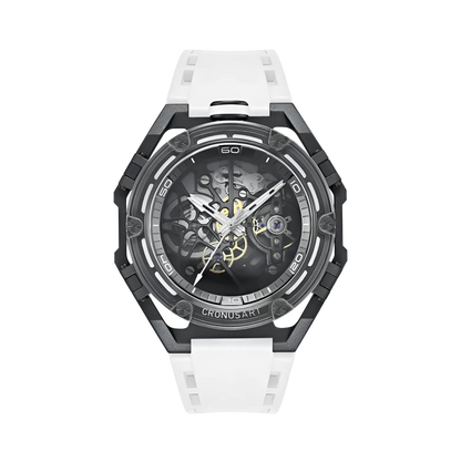 CRONUSART CM025 - mechanical skeleton watch featuring a white rubber strap, black geometric case, and transparent dial revealing the automatic movement.
