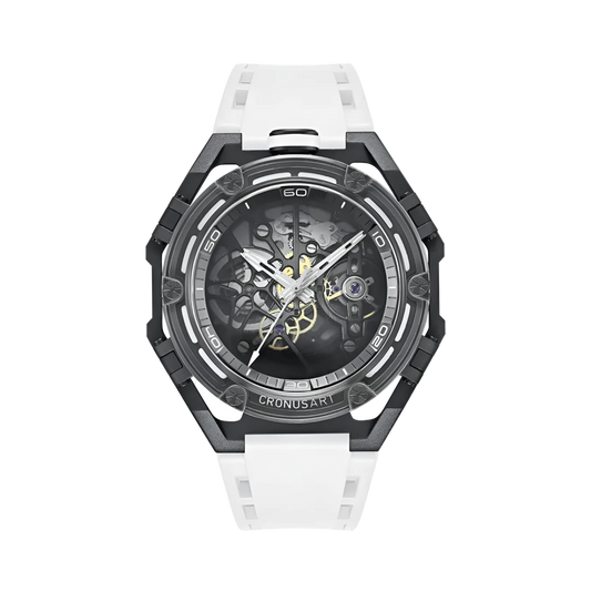 CRONUSART CM025 - mechanical skeleton watch featuring a white rubber strap, black geometric case, and transparent dial revealing the automatic movement.