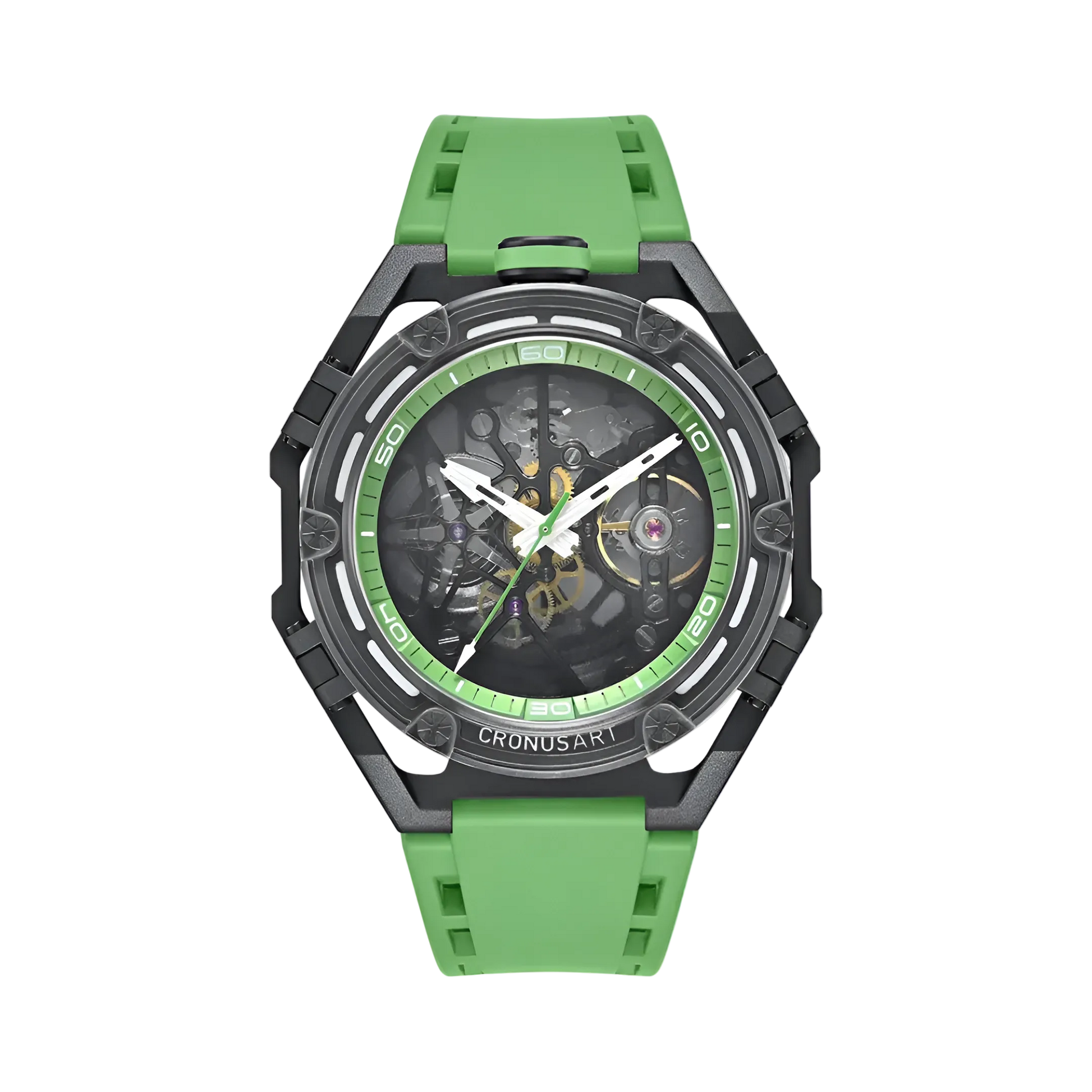 CRONUSART CM025 - Men's automatic watch featuring a green fluororubber strap and green dial ring details against a black skeletonized case.