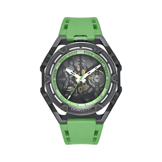 CRONUSART CM025 - Men's automatic watch featuring a green fluororubber strap and green dial ring details against a black skeletonized case.