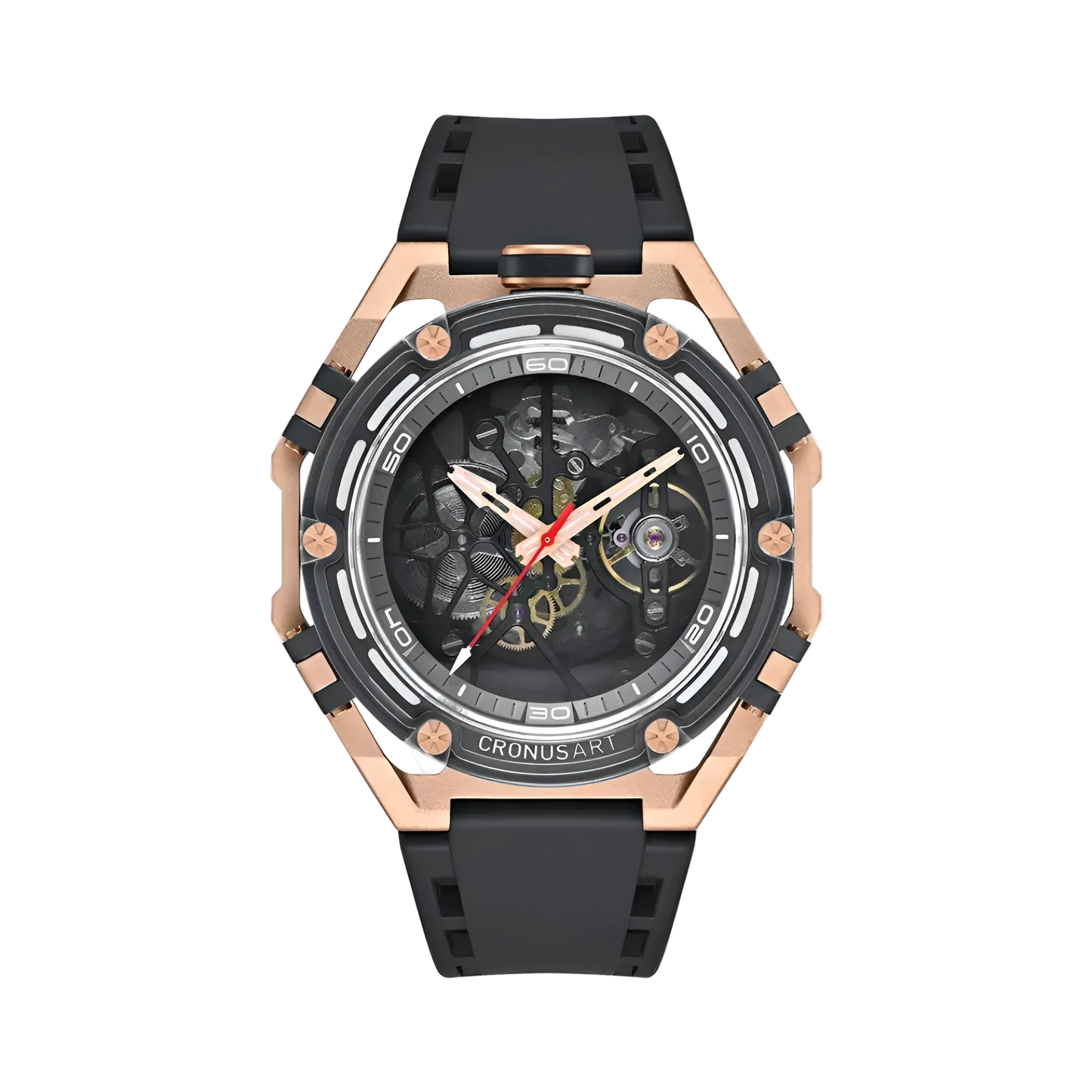 CRONUSART CM025 - Premium watch with a rose gold finished case, black rubber strap, and exposed mechanical gears for a sophisticated luxury look.
