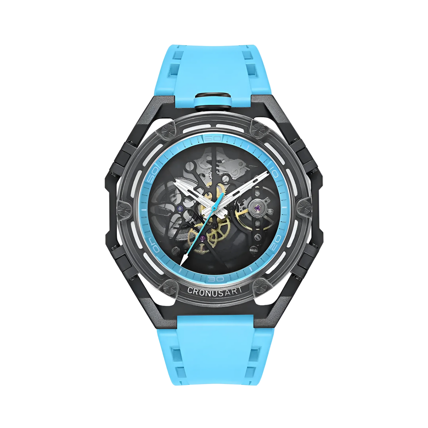 CRONUSART CM025 - Luxury timepiece with a vibrant light blue strap and matching blue inner bezel accents surrounding an intricate open-worked dial.