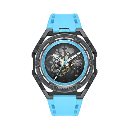 CRONUSART CM025 - Luxury timepiece with a vibrant light blue strap and matching blue inner bezel accents surrounding an intricate open-worked dial.