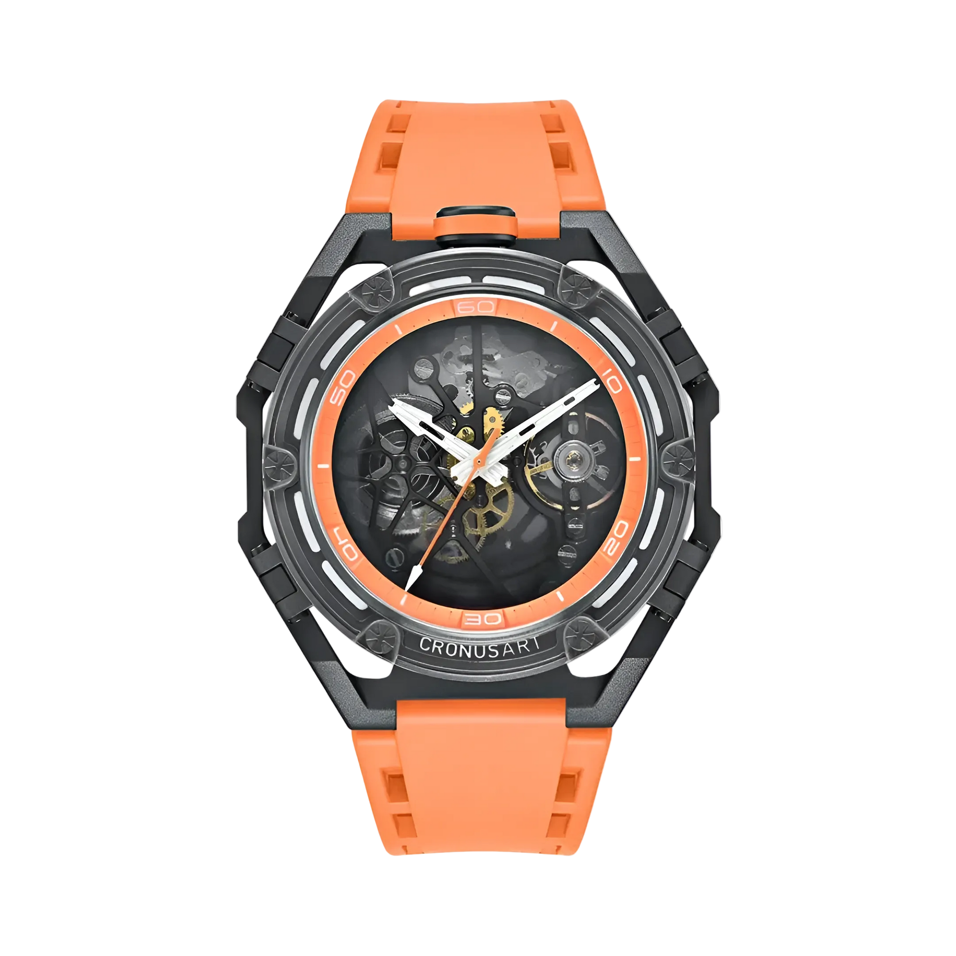 CRONUSART CM025 - Sporty skeleton watch showcasing a bright orange strap and orange dial markers, encased in a durable black technical frame.