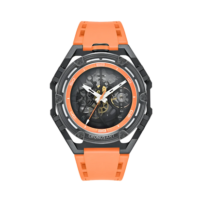 CRONUSART CM025 - Sporty skeleton watch showcasing a bright orange strap and orange dial markers, encased in a durable black technical frame.