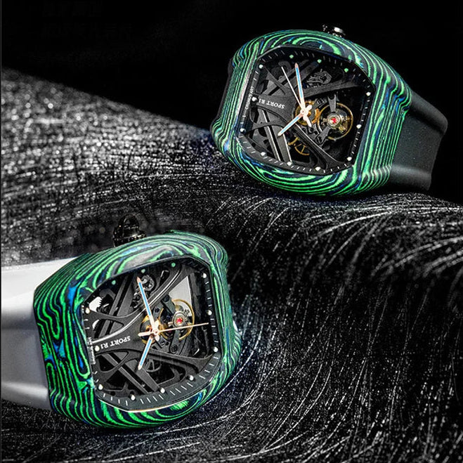 CRONUSART RT06-001 - Men Automatic Watch 42mm Tonneau Mechanical Wristwatch Carbon Fiber Luminous Skeleton Dial Folding Hidden Crown Handle breitvacher