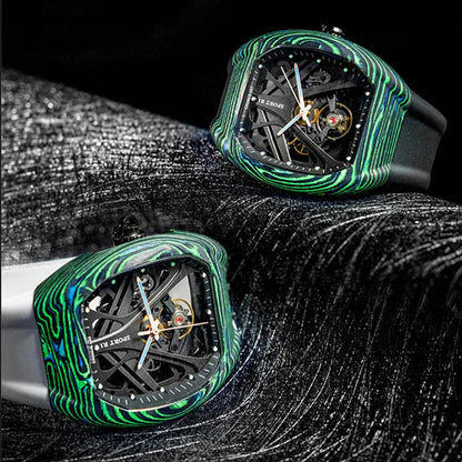 CRONUSART RT06-001 - Men Automatic Watch 42mm Tonneau Mechanical Wristwatch Carbon Fiber Luminous Skeleton Dial Folding Hidden Crown Handle breitvacher