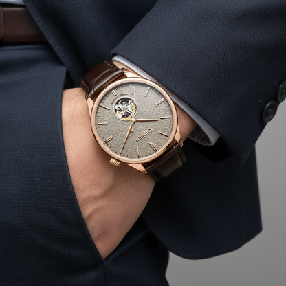 Cadisen C8187 - Mechanica - on wrist, grey dial, brown strap