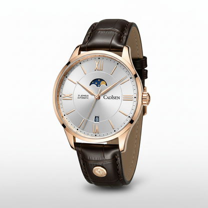 Cadisen C8188 - Automatic - angled view, polished finish, crocodile strap