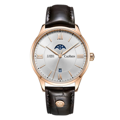Cadisen C8188 - Automatic - front view, rose gold, brown leather