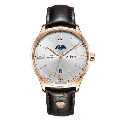 Cadisen C8188 - Automatic - front view, rose gold, brown leather