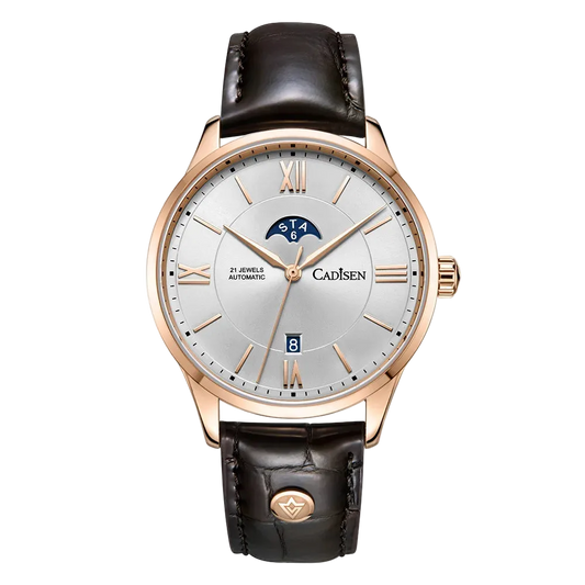 Cadisen C8188 - Automatic - front view, rose gold, brown leather
