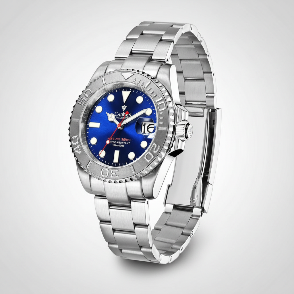 Cadisen C8210 - Automatic - angled view, open clasp, polished metal