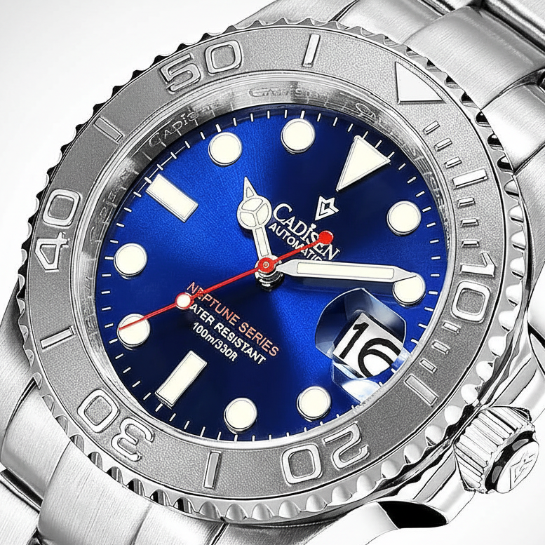 Cadisen C8210 - Automatic - close-up dial, blue sunburst, textured bezel
