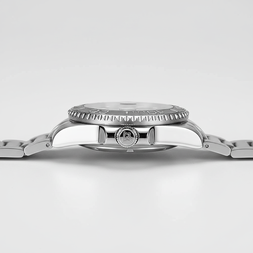 Cadisen C8210 - Automatic - side profile, knurled crown, brushed case