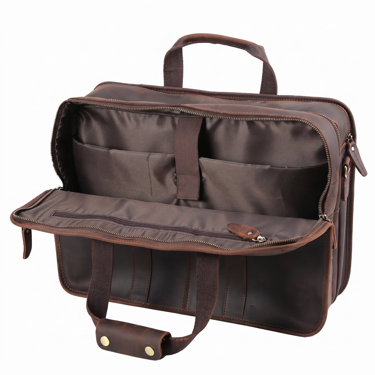 Men's Crazy Horse Leather Briefcase for 17.3-Inch Laptop — unzipped, empty main compartment and inner pockets