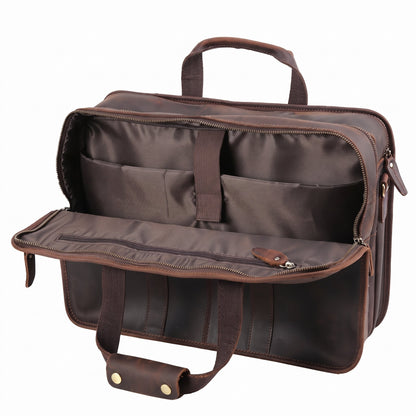 Men's Crazy Horse Leather Briefcase for 17.3-Inch Laptop — unzipped, empty main compartment and inner pockets
